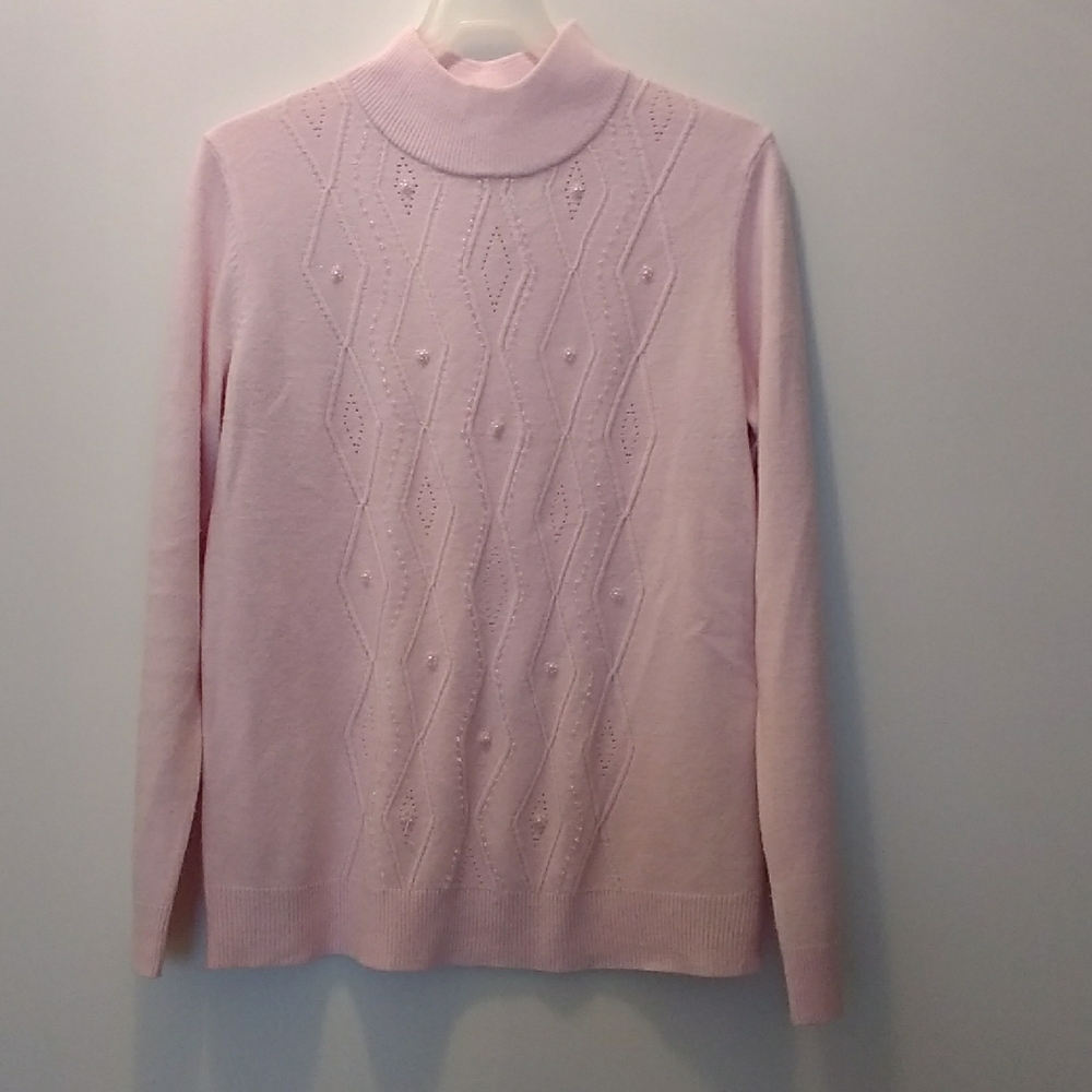 Tradition Soft Pink Turtleneck Sweater with Pearls Size S (6-8)